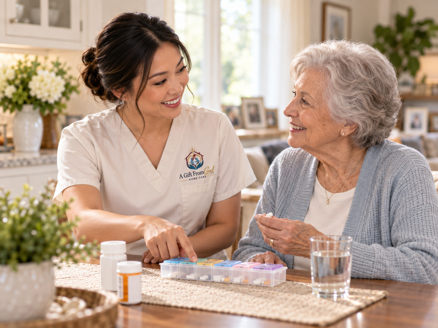 Caregiver providing gentle medication reminders with pillbox organizer